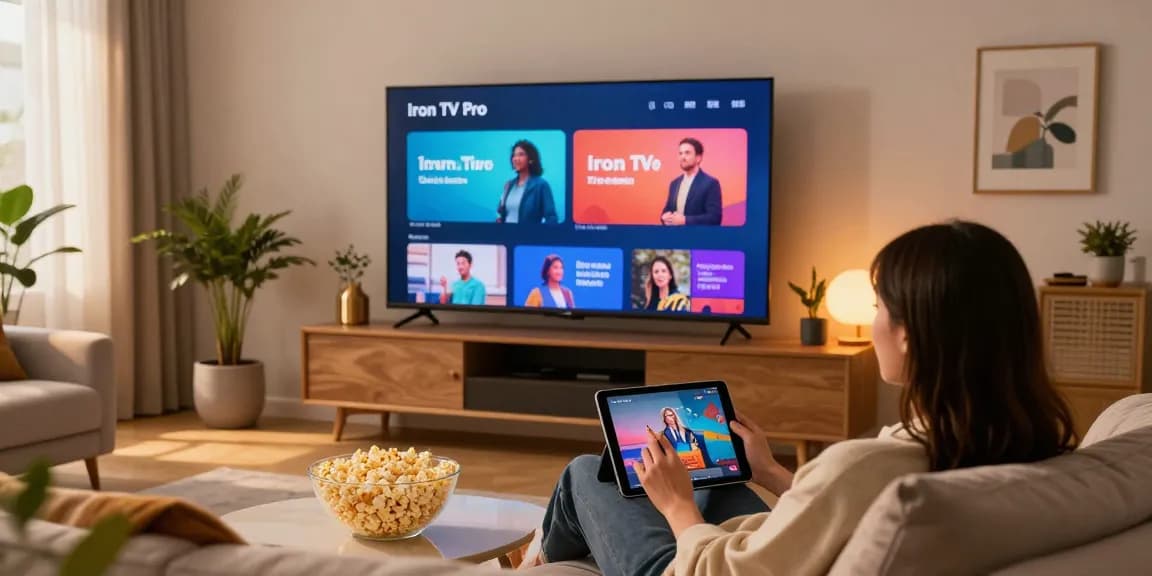 Découvrez Iron TV Pro sur grand écran, un salon chaleureux et accueillant