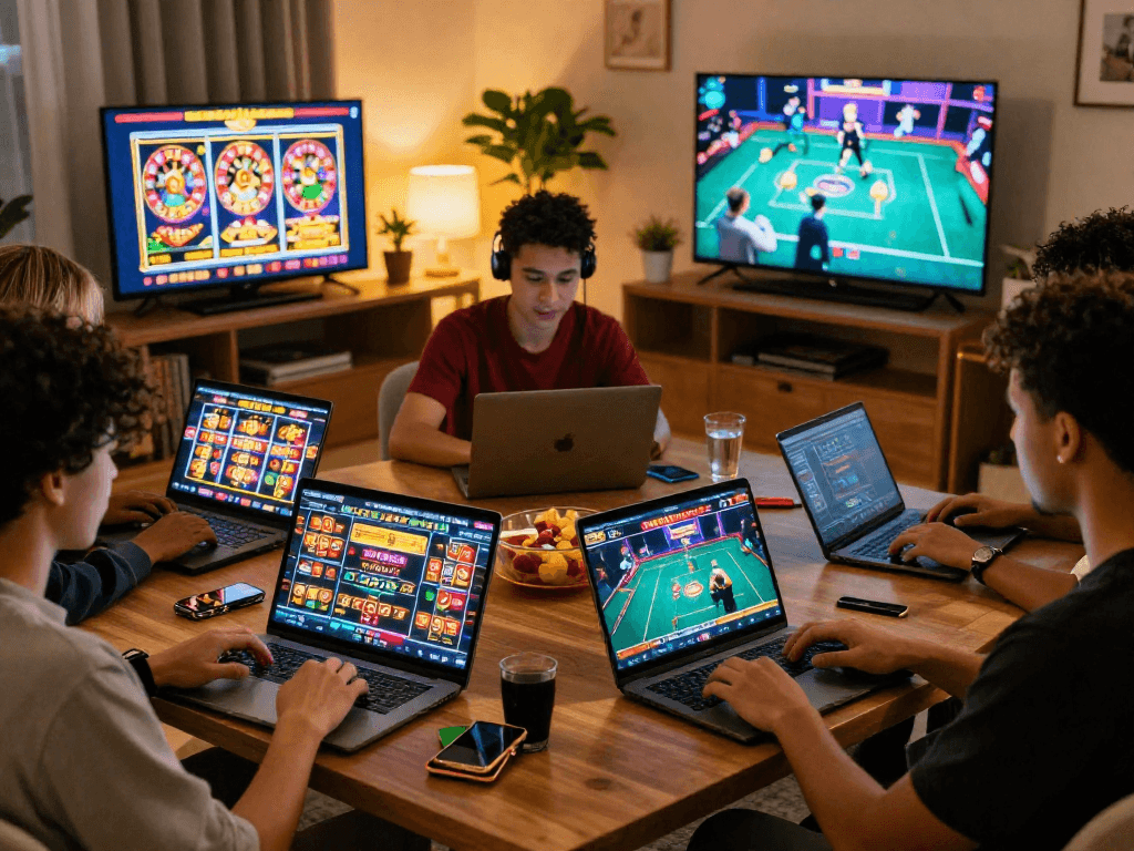Ambiance d'un casino en ligne avec des joueurs interagissant sur des ordinateurs et des mobiles, illustrant des jeux comme les machines à sous et le poker.