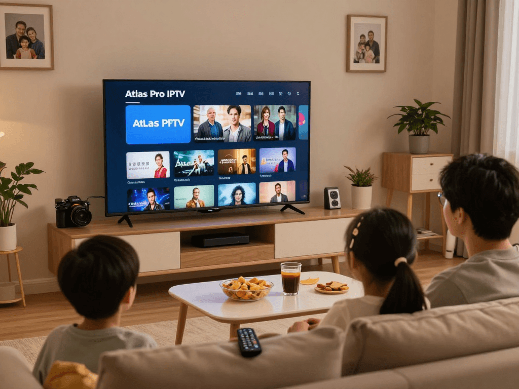 Assistance efficace avec atlas pro iptv dans un salon moderne, famille regardant la télévision.