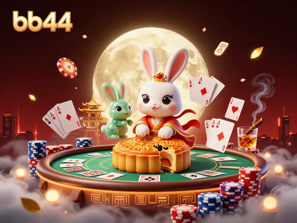 Engage in the exciting world of bb44 with a vibrant 3D illustration of a moon rabbit playing poker.