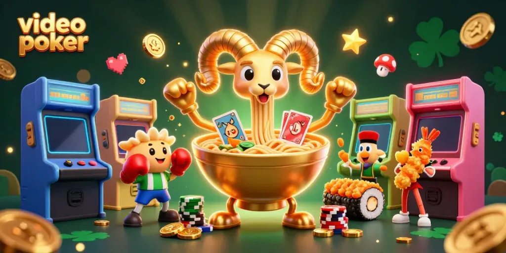 Experience thrilling video poker action with a dynamic casino scene featuring vibrant characters and game elements.