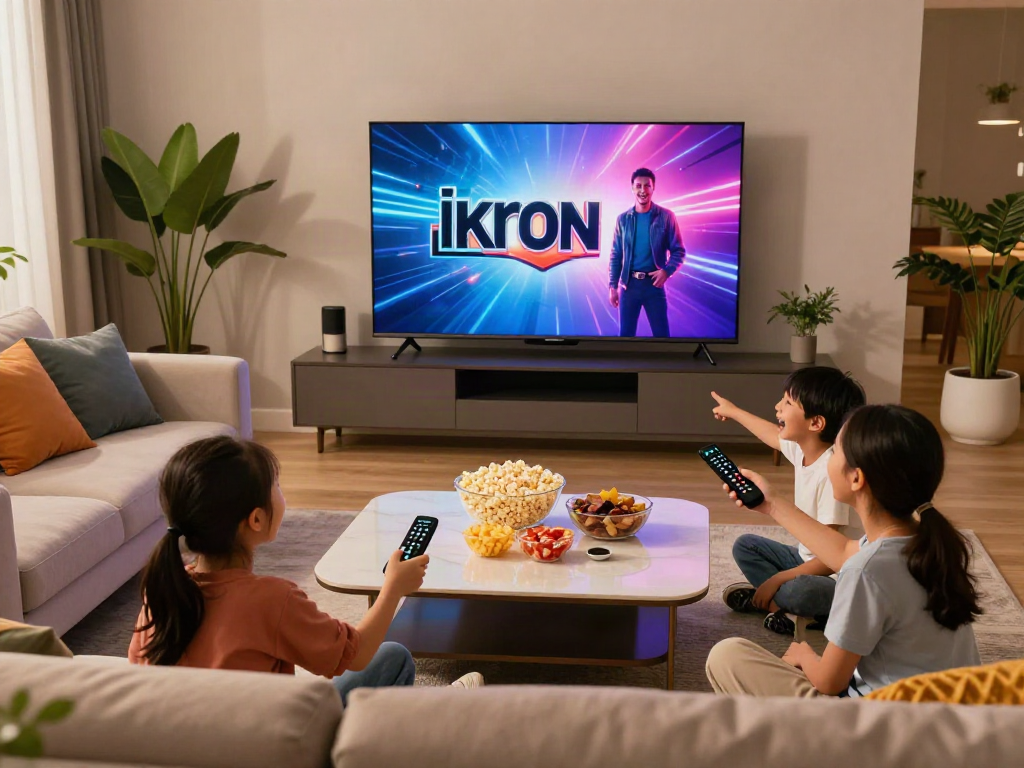 Famille appréciant le contenu Iron TV ensemble dans un salon moderne, ambiance accueillante.