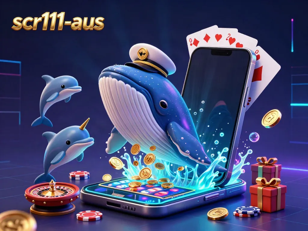 Experience thrilling gaming with scr111-aus as a cartoon whale leaps through coin-filled waters, showcasing vibrant slot action.