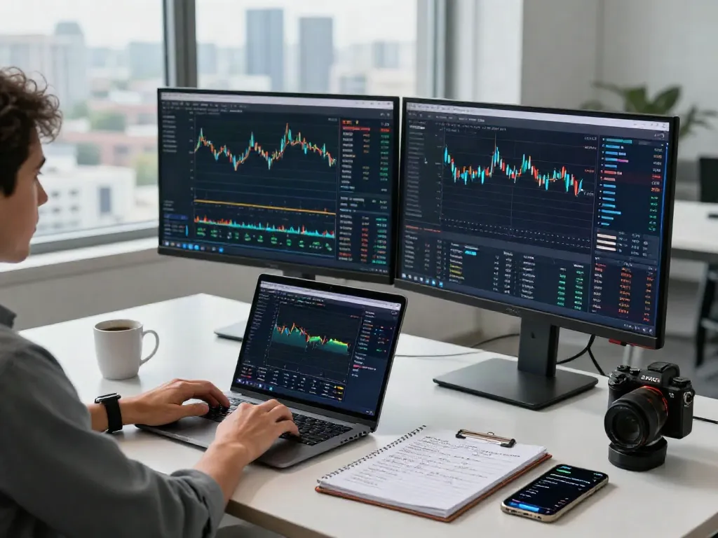 Person utilisant la-essorinvexaro.com pour le trading automatisé avec des graphiques et des analyses sur des écrans dans un bureau moderne.