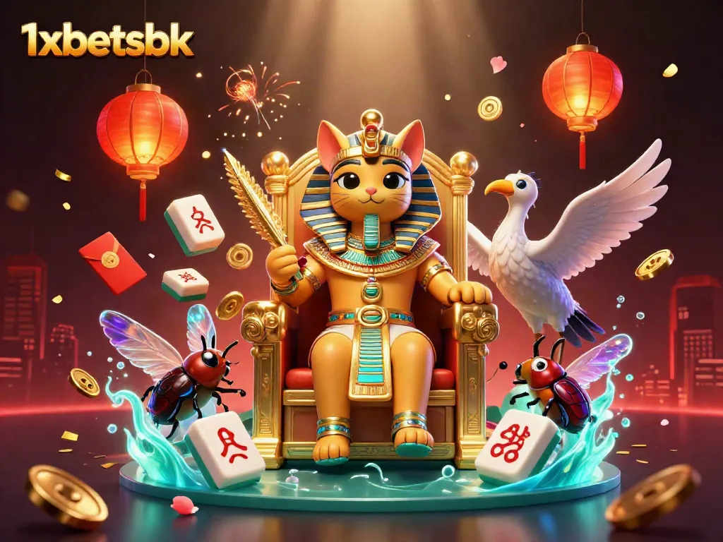 Engage with the vibrant atmosphere of 1xbetsbk through this 3D illustration featuring a pharaoh cat, scribe, and casino elements.
