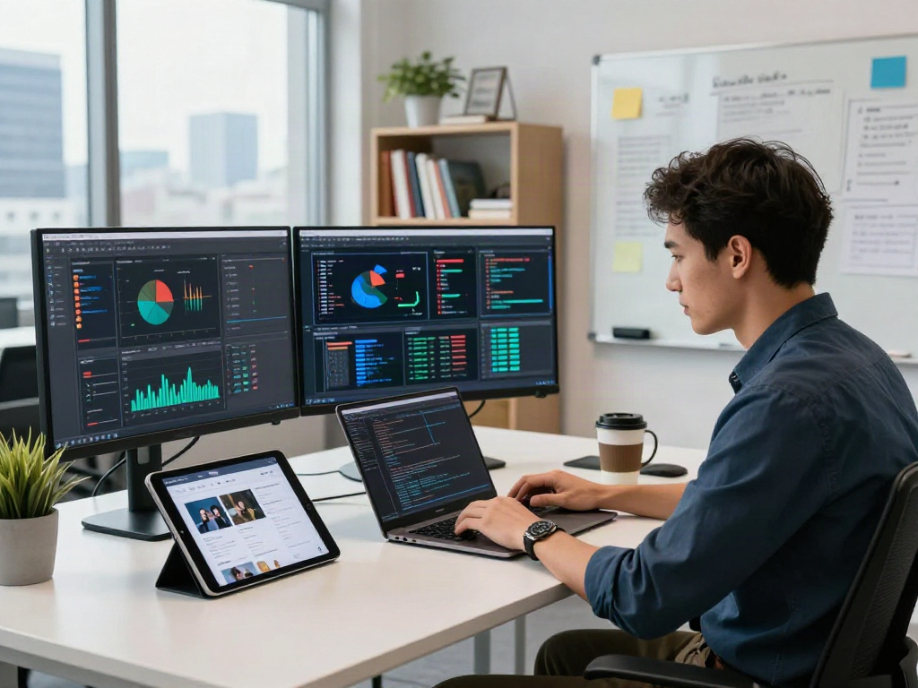 Développeur utilisant Atlas pro pour coder dans un bureau moderne avec plusieurs écrans et vue de la ville.