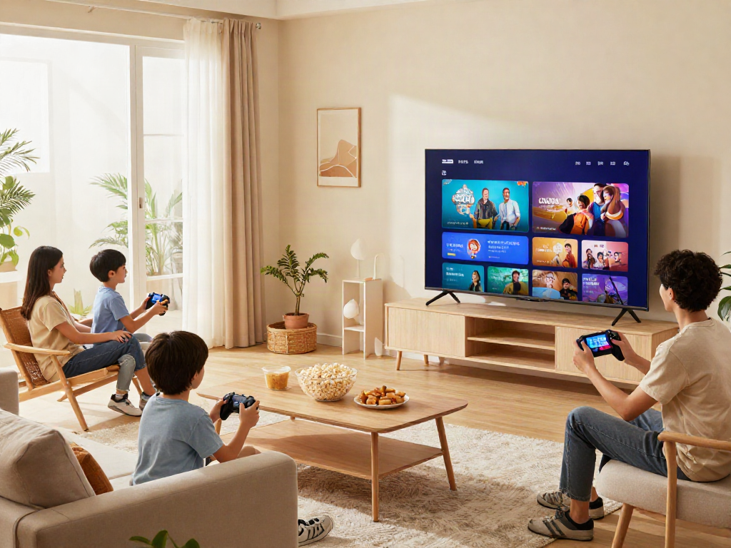 Family enjoying an Iron TV experience in a cozy living room, showcasing vibrant entertainment options.
