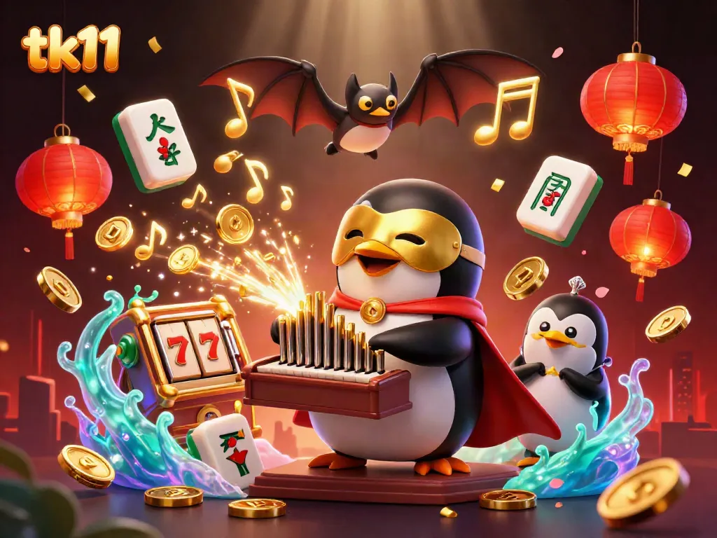 tk11 reveals an exciting casino scene with a penguin playing an organ, scattering coins.