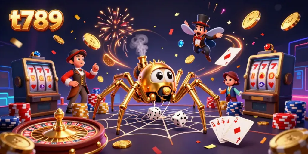 Engage in thrilling moments with t789 as the steampunk spider weaves golden stakes in a vibrant casino world.